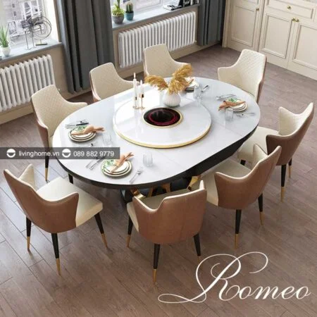 Bàn Ăn Tròn Xoay Thông Minh Có Bếp Từ Mặt Kính - ROMEO 13 Bộ Bàn ăn thông minh bếp từ Romeo cao cấp