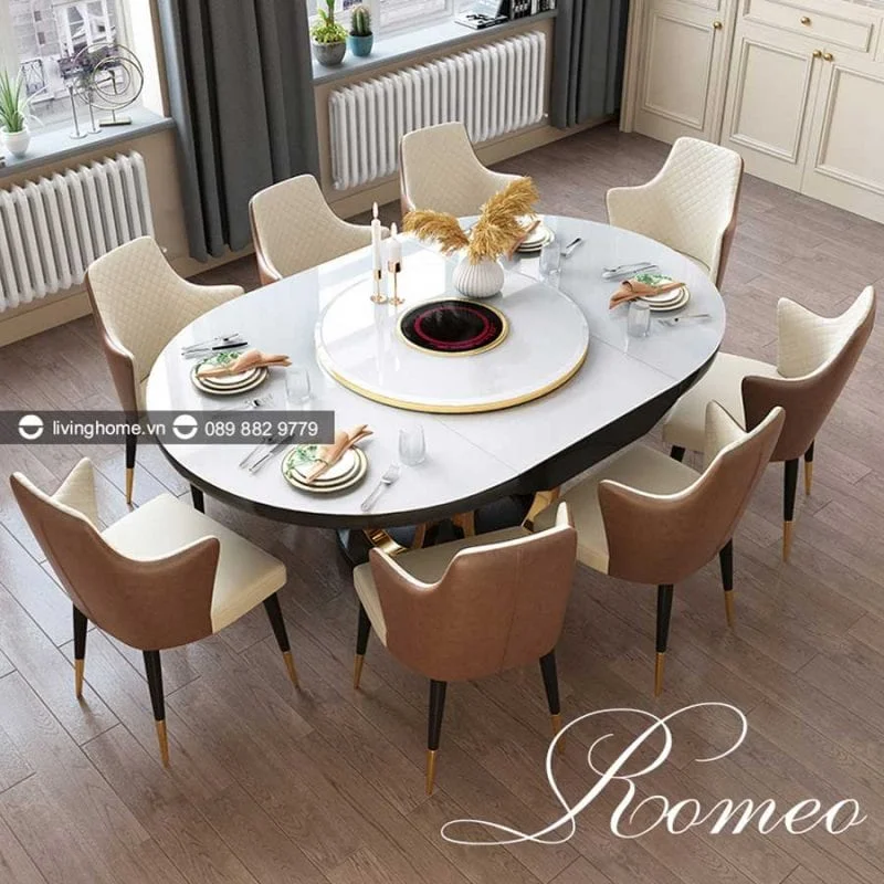 Bàn Ăn Tròn Xoay Thông Minh Có Bếp Từ Mặt Kính - ROMEO 23 Bàn ăn thông minh có bếp từ Romeo cao cấp