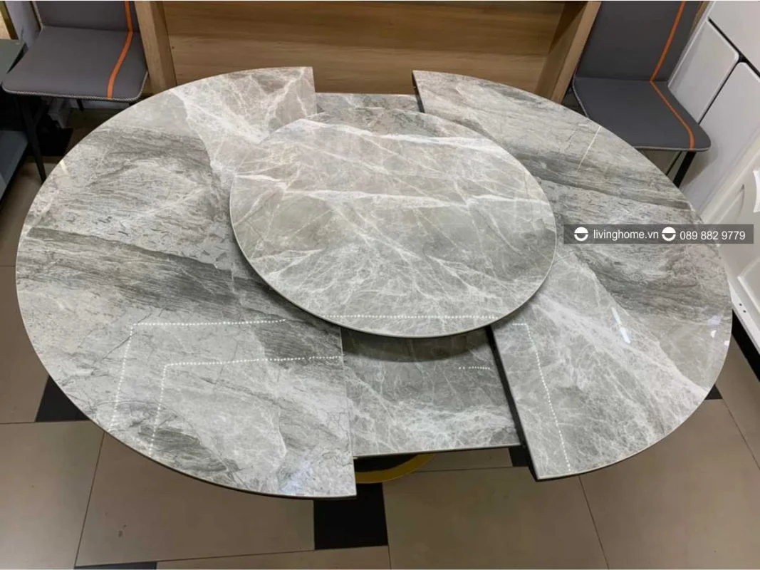 Bàn ăn tròn xoay mặt đá Round xếp mở thoải mái