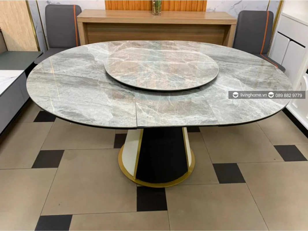 Bàn ăn tròn xoay mặt đá Round xếp mở thoải mái
