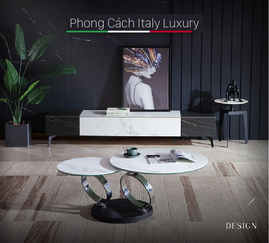 Bàn Trà Đôi Mặt Đá Tròn Ceramic Chân Inox Mạ Bóng - Biona 8 Bàn trà tròn mặt đá phiến Biona chân inox mạ siêu bền