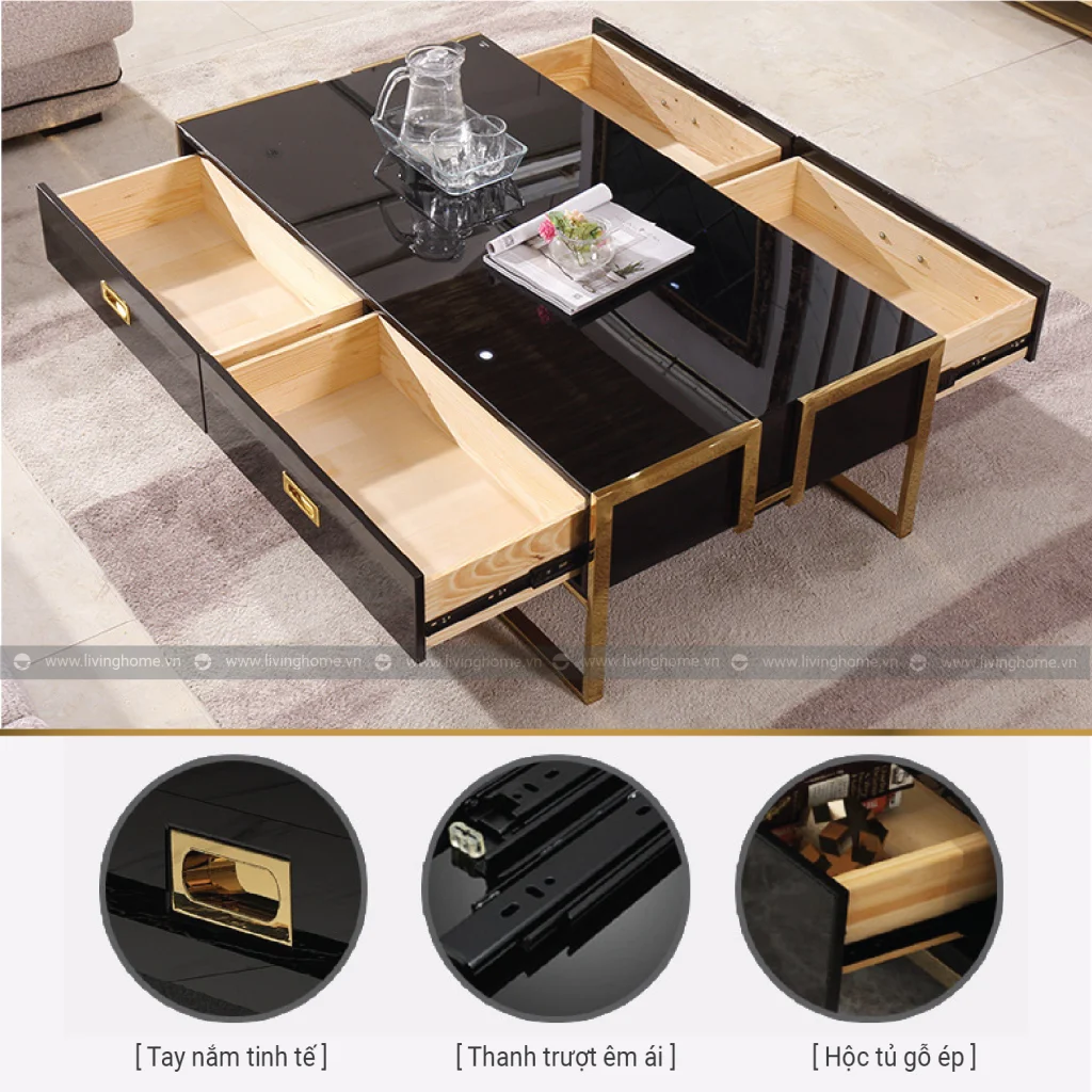 Bàn trà mặt kính Annabel khung chân inox mạ vàng đẹp sáng 13 Bàn trà mặt kính Annabel khung chân inox mạ vàng đẹp sáng