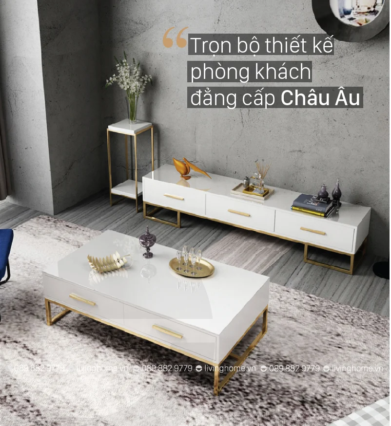 Bàn trà mặt kính Katie khung chân thép mạ vàng đẹp sáng 12 Bàn trà mặt kính Katie khung chân inox mạ vàng đẹp sáng
