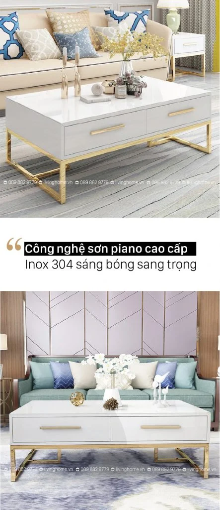 Bàn trà mặt kính Katie khung chân thép mạ vàng đẹp sáng 8 Bàn trà mặt kính Katie khung chân thép mạ vàng đẹp sáng