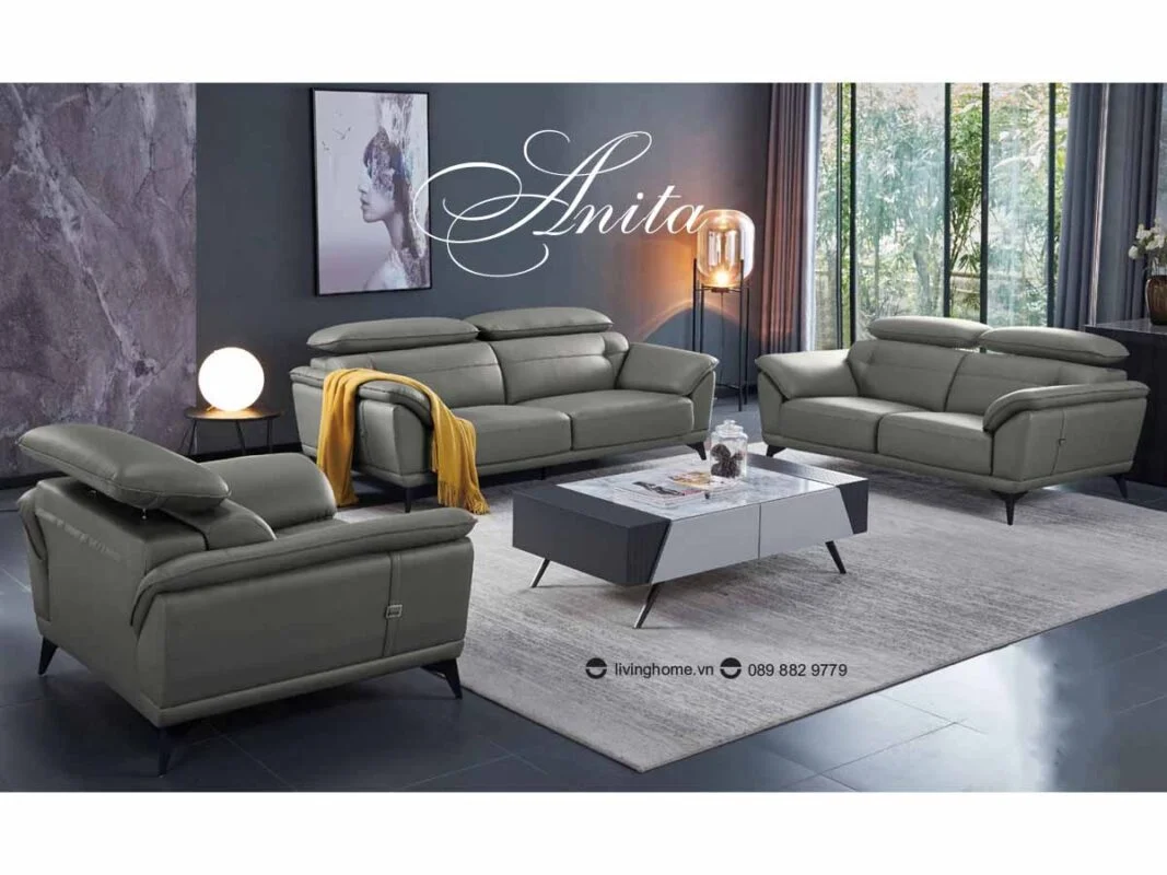 Bộ sofa băng giả da cao cấp - Anita 9 Bộ sofa băng Anita giả da màu ghi nhạt
