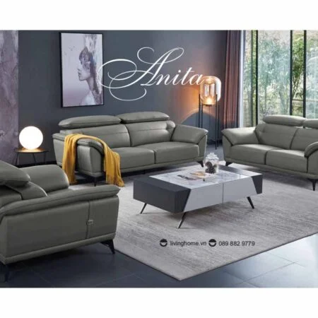 Bộ sofa băng Anita giả da màu ghi nhạt