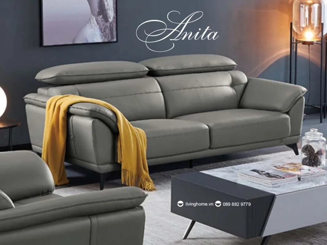 Bộ sofa băng giả da cao cấp - Anita 12 Bộ sofa băng Anita giả da màu ghi nhạt