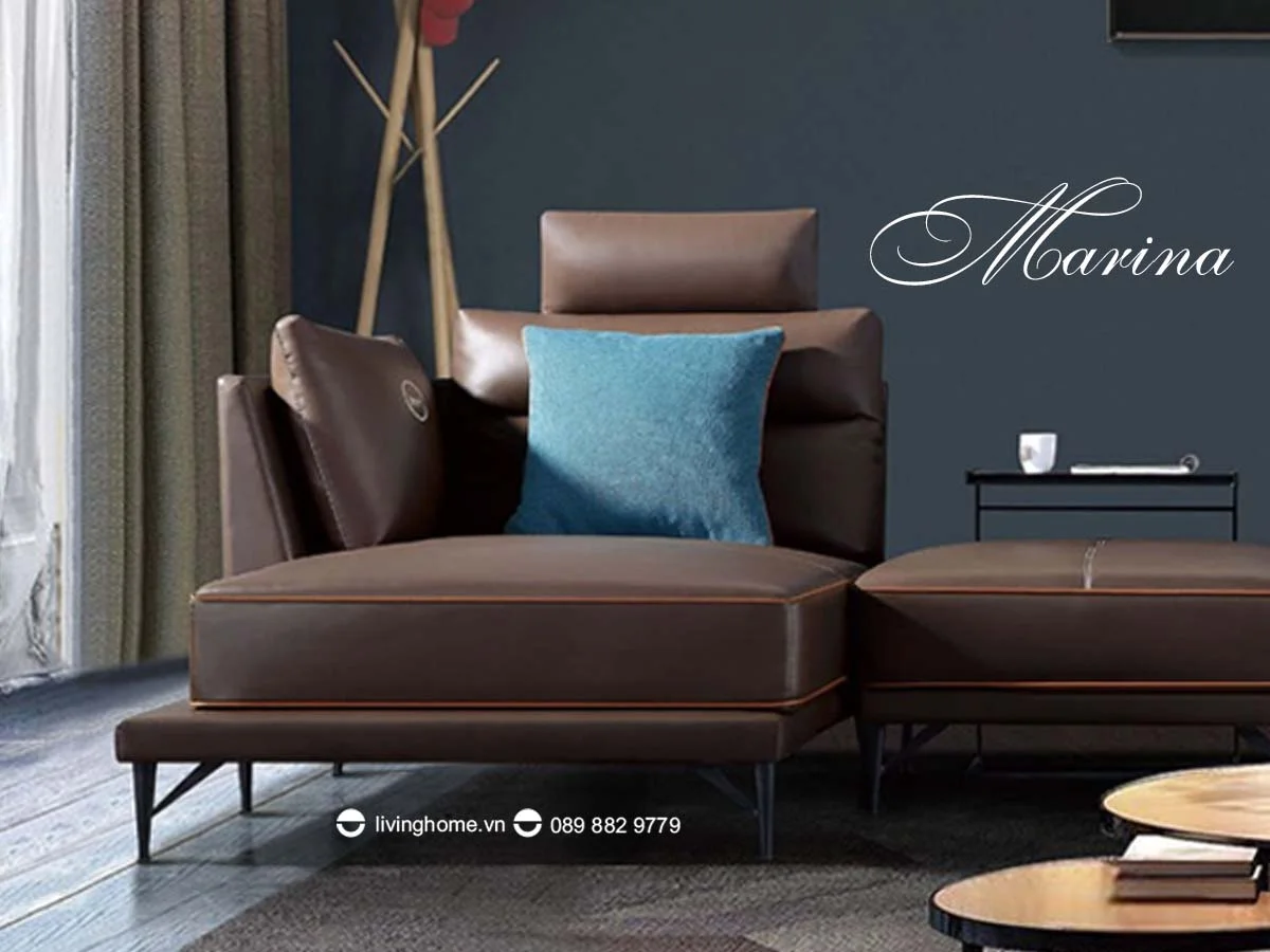 Sofa góc Marina da bò thật màu nâu đậm