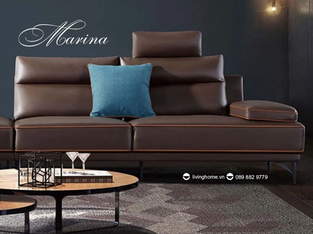 Sofa góc Marina da bò thật màu nâu đậm