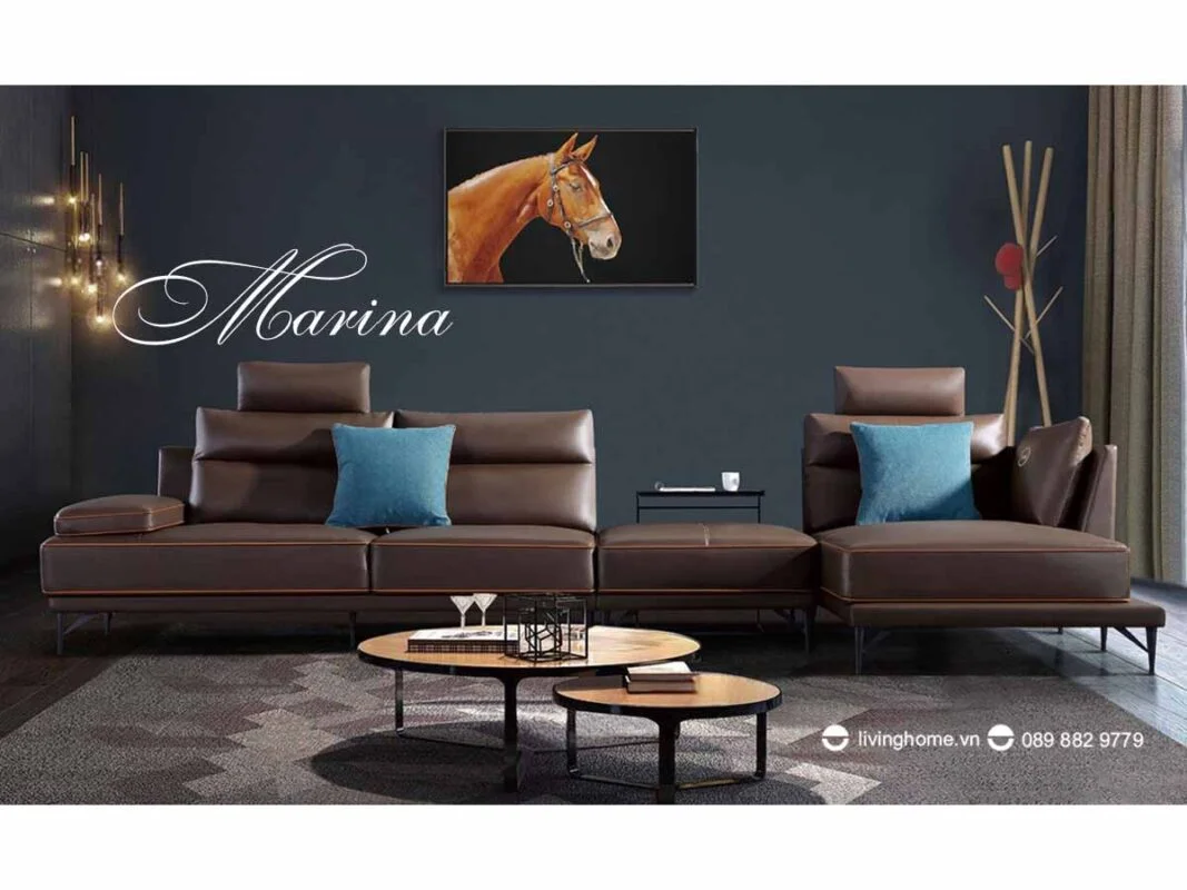 Sofa góc Marina da bò thật màu nâu đậm