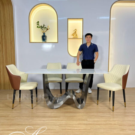 Bàn Ăn Mặt Đá Cao Cấp Hiện Đại Nhập Khẩu - AUGUS 9 Bàn Ăn Mặt Đá Ceramic Chân Thép Cao Cấp - Augus