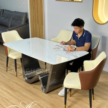 Bàn Ăn Mặt Đá Cao Cấp Hiện Đại Nhập Khẩu - AUGUS 10 Bàn Ăn Mặt Đá Ceramic Chân Thép Cao Cấp - Augus