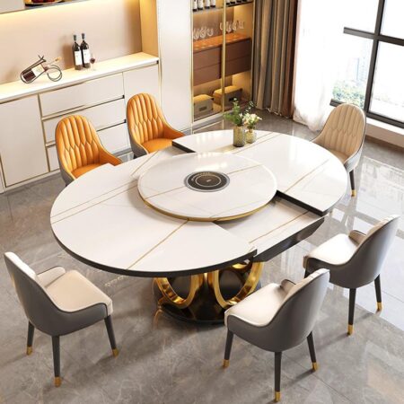 Bàn Ăn Mặt Đá Mở Rộng Thông Minh Có Mâm Xoay Kết Hợp Bếp Từ Hiện Đại - CAMARO