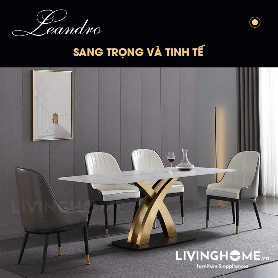 Bộ Bàn Ăn Cao Cấp Mặt Đá Sang Trọng Nhập Khẩu - LEANDRO 13 Bàn ăn mặt đá phiến Leandro phủ creamic cao cấp