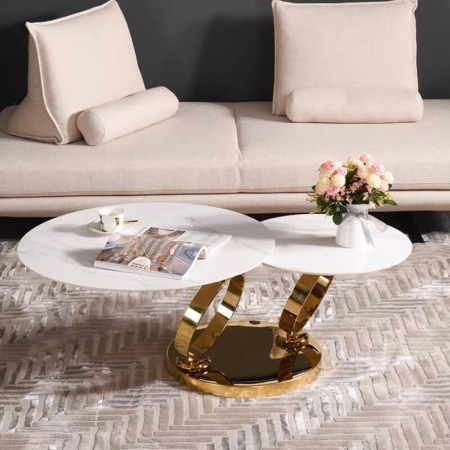 Bộ Bàn Trà Sofa Đôi Mặt Đá Xoay Xếp Thông Minh - Fiona 9 Bộ Bàn Trà Sofa Đôi Mặt Đá Chân Inox Mạ Vàng - Fiona